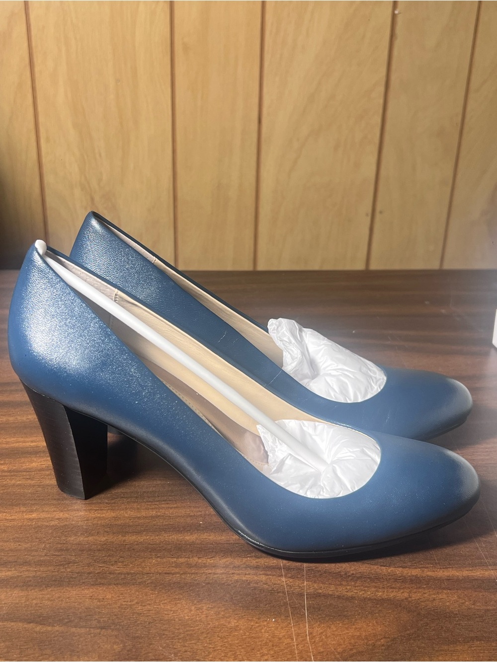 Calvin Klein Navy Blue Leather Block Heel Pumps - Picture 5 of 7